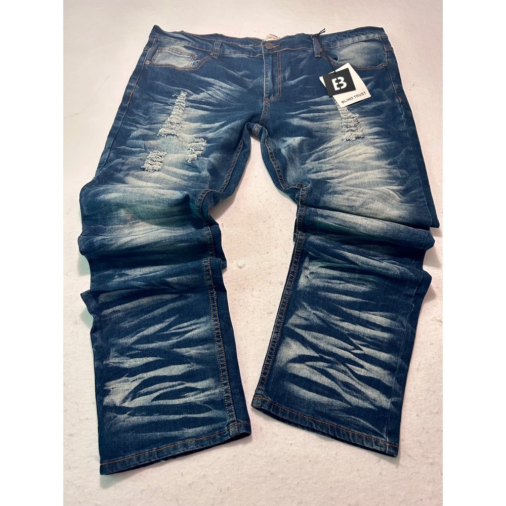 Blind Trust Mens Distressed Blue Denim Jeans Straight Leg Whiskered 42/34‎ NEW